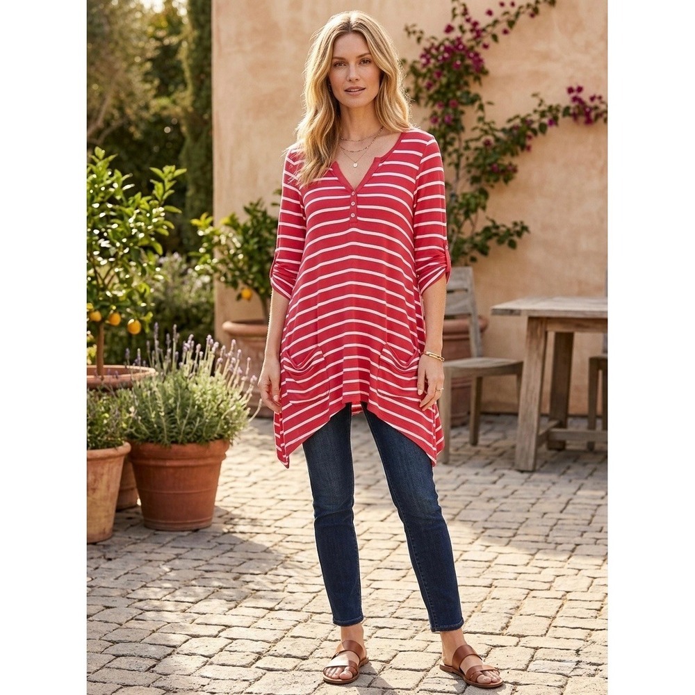 Caite T372 Red White Striped Henley Tunic Top Sharkbite Hem Pockets Size Medium